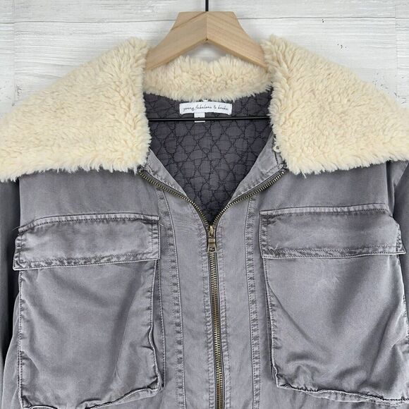 Revolve Young Fabulous & Broke Crop Jacket Women L Earhart Gray Sherpa Collar - Picture 5 of 16